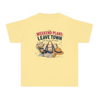 Weekend Plans Leave Town Youth Tee – Kids' Comfort Colors Family Travel Shirt in Butter – flat lay