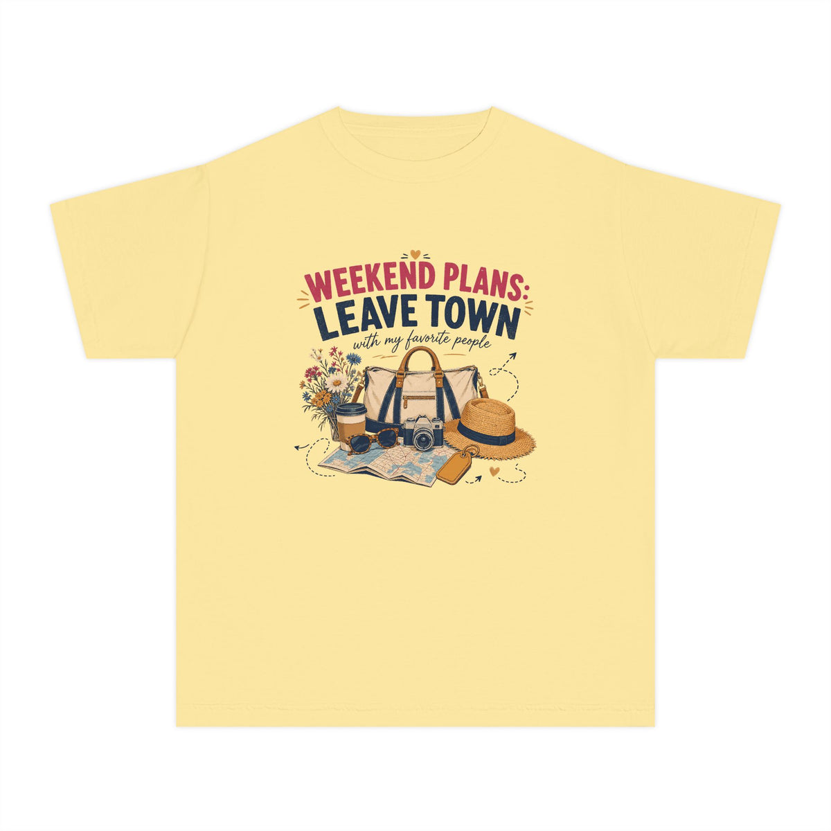 Weekend Plans Leave Town Youth Tee – Kids' Comfort Colors Family Travel Shirt in Butter – flat lay