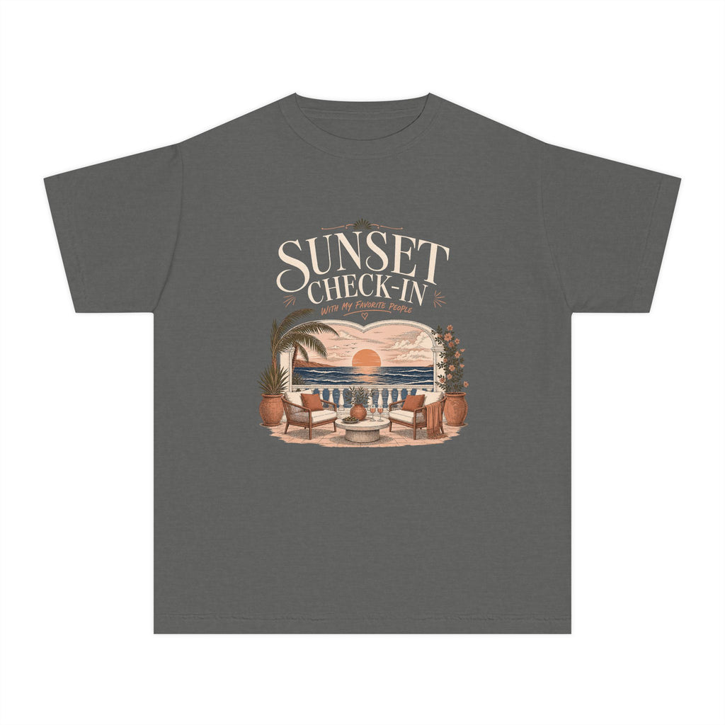 Sunset Check In Youth Tee – Kids' Comfort Colors Seaside Vacation Shirt in Pepper – flat lay