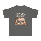 Sunset Check In Youth Tee – Kids' Comfort Colors Seaside Vacation Shirt in Pepper – flat lay