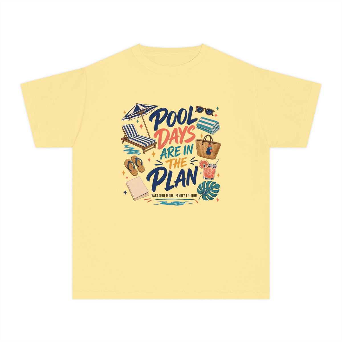 Pool Days Are in the Plan Youth Tee – Kids' Comfort Colors Family Getaway Shirt in Butter – flat lay
