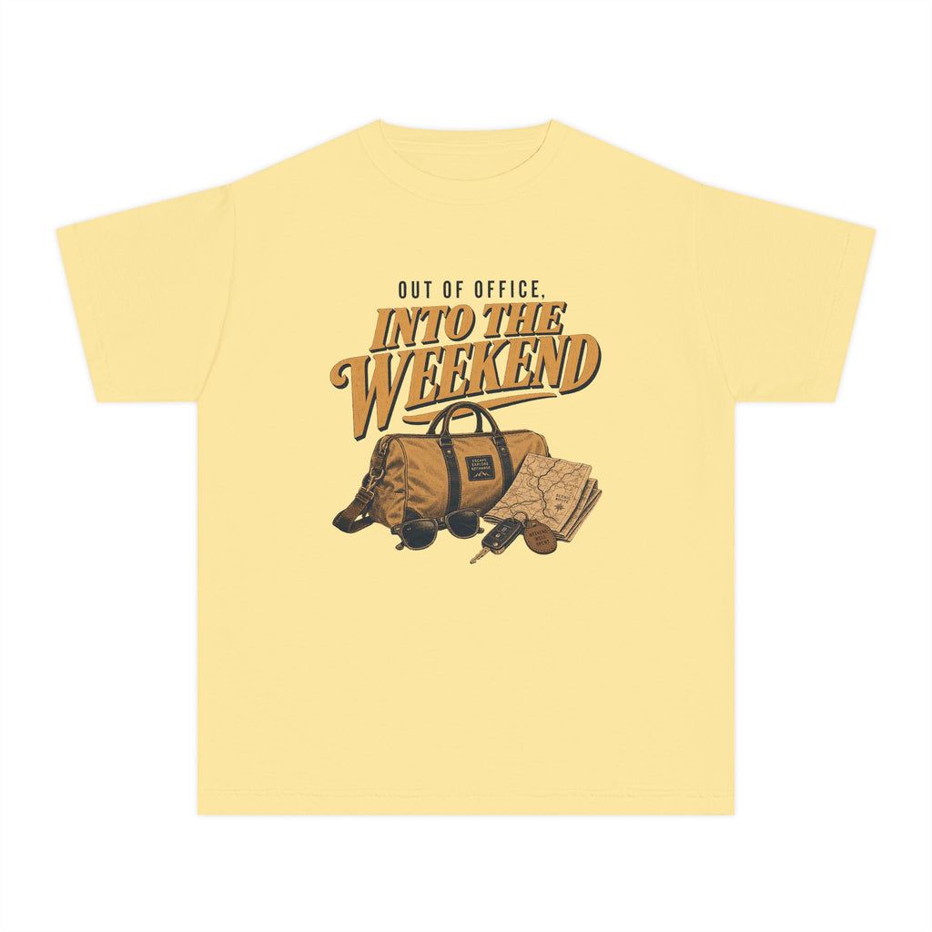 Out of Office Into the Weekend Youth Tee – Kids' Comfort Colors Family Getaway Shirt in Butter – flat lay