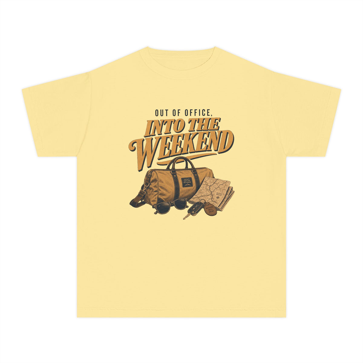 Out of Office Into the Weekend Youth Tee – Kids' Comfort Colors Family Getaway Shirt in Butter – flat lay