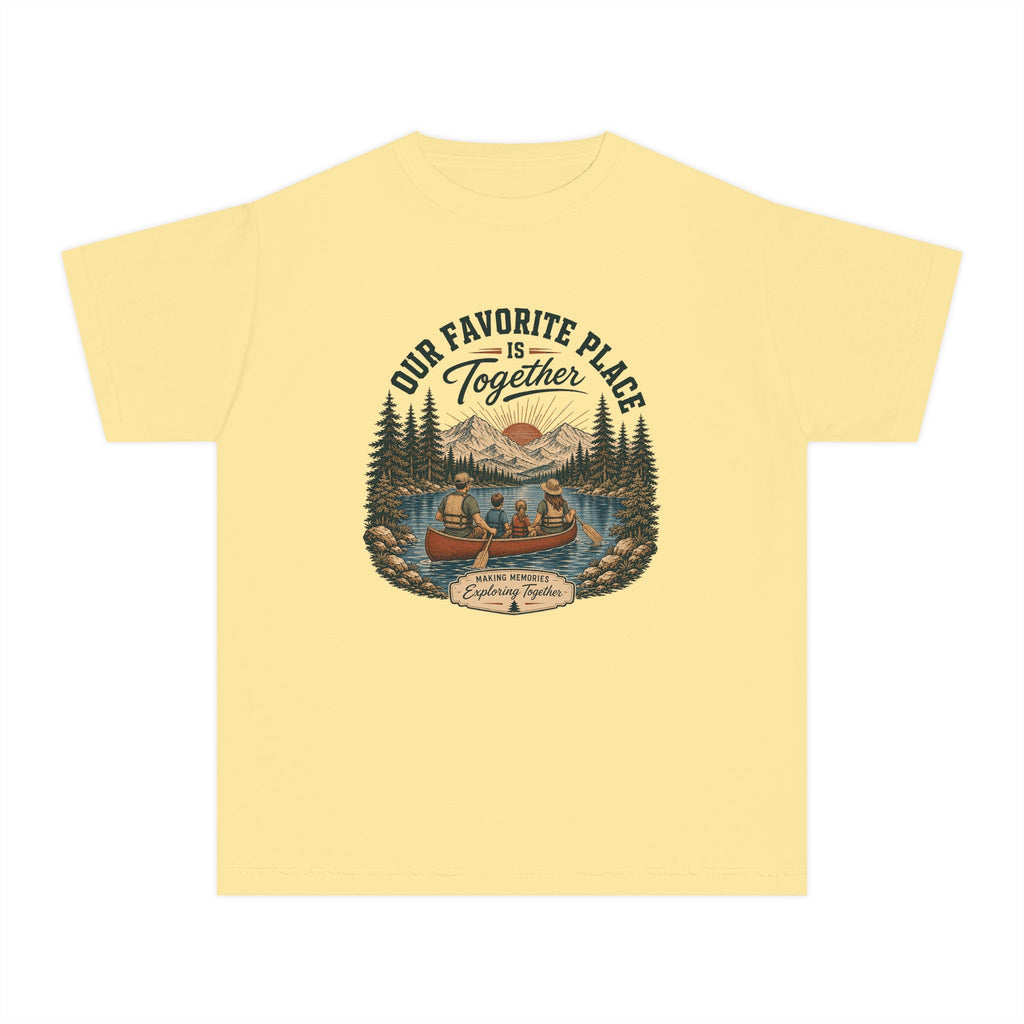 Our Favorite Place Is Together Youth Tee – Kids' Comfort Colors Family Adventure Shirt in Butter – flat lay
