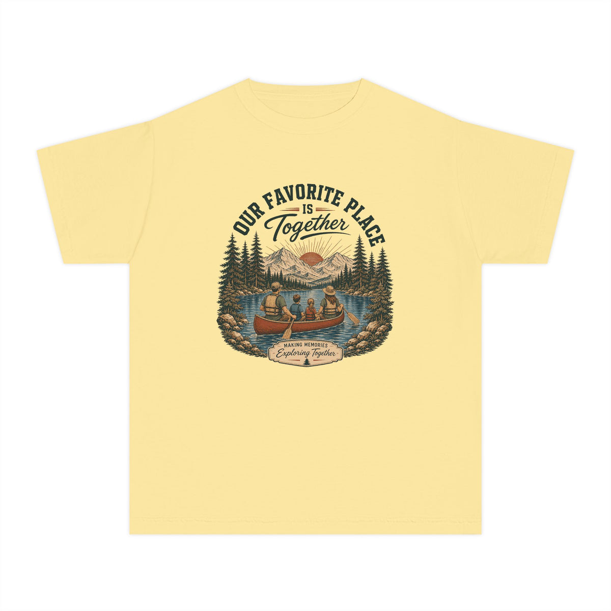 Our Favorite Place Is Together Youth Tee – Kids' Comfort Colors Family Adventure Shirt in Butter – flat lay
