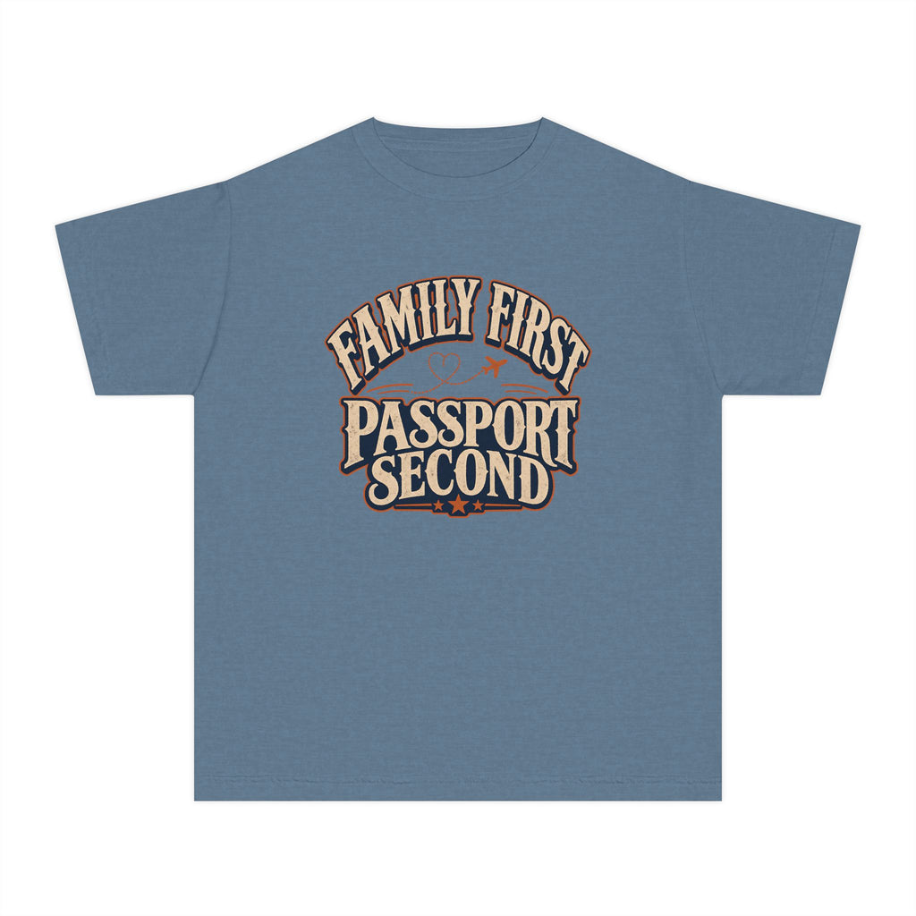 Family First Passport Second Youth Tee – Kids' Comfort Colors Travel Shirt in Blue Jean – flat lay