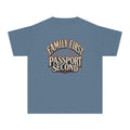 Family First Passport Second Youth Tee – Kids' Comfort Colors Travel Shirt in Blue Jean – flat lay