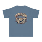 Family First Passport Second Youth Tee – Kids' Comfort Colors Travel Shirt in Blue Jean – flat lay