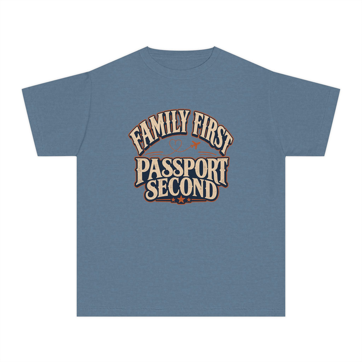 Family First Passport Second Youth Tee – Kids' Comfort Colors Travel Shirt in Blue Jean – flat lay