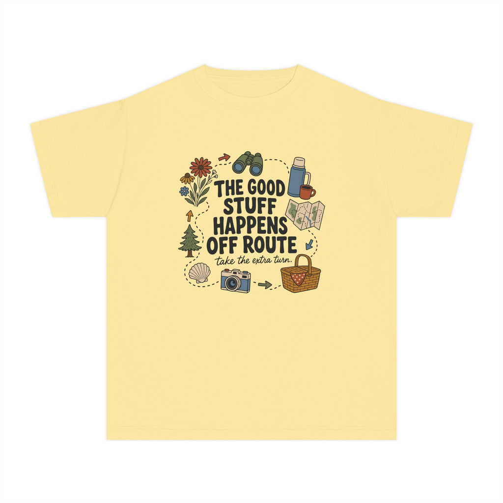 The Good Stuff Happens Off Route Youth Tee – Kids' Comfort Colors Road Trip Shirt in Butter – flat lay