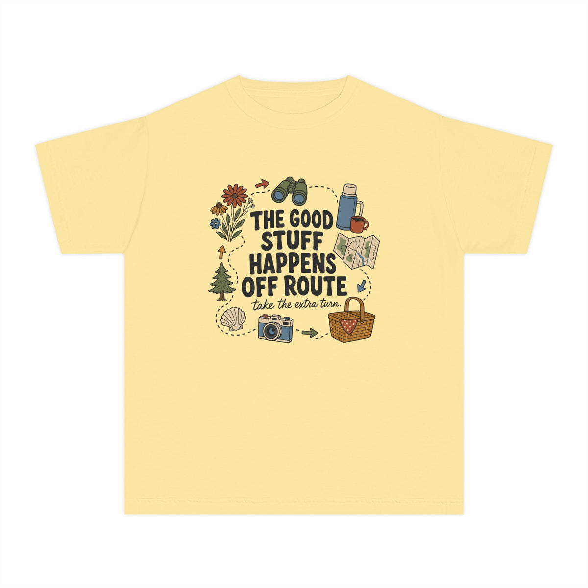 The Good Stuff Happens Off Route Youth Tee – Kids' Comfort Colors Road Trip Shirt in Butter – flat lay