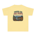 Fresh Air Full Hearts Youth Tee – Kids' Comfort Colors Cabin Weekend Shirt in Butter – flat lay
