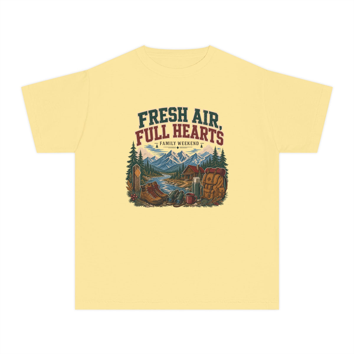 Fresh Air Full Hearts Youth Tee – Kids' Comfort Colors Cabin Weekend Shirt in Butter – flat lay