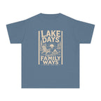 Lake Days Family Ways Vacation Youth Tee – Kids' Comfort Colors Lake Vacation Shirt in Blue Jean – flat lay