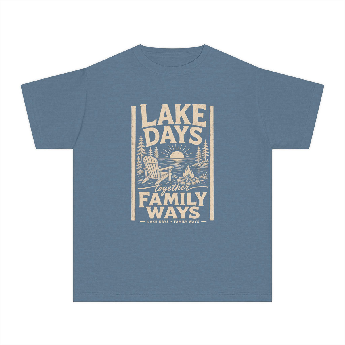 Lake Days Family Ways Vacation Youth Tee – Kids' Comfort Colors Lake Vacation Shirt in Blue Jean – flat lay