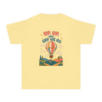 Up Up and Off We Go Youth Tee – Kids' Comfort Colors Hot Air Balloon Shirt in Butter – flat lay