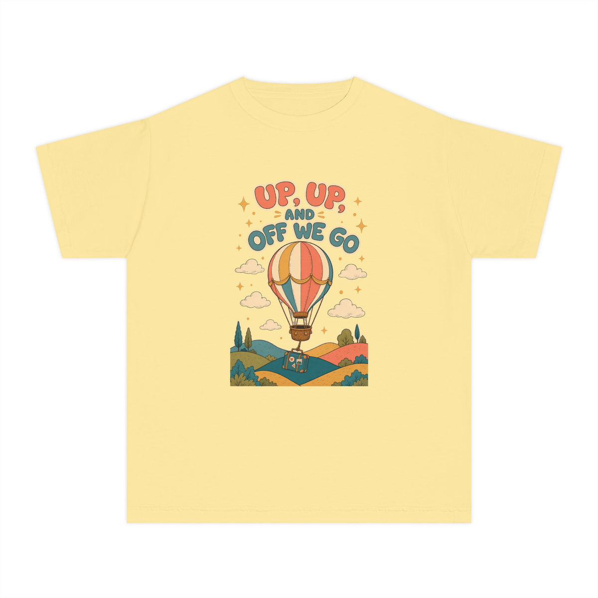 Up Up and Off We Go Youth Tee – Kids' Comfort Colors Hot Air Balloon Shirt in Butter – flat lay