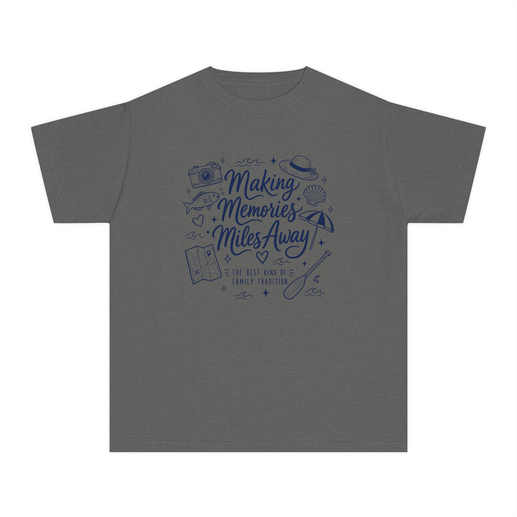 Making Memories Miles Away Youth Tee – Kids' Comfort Colors Road Trip Shirt in Pepper – flat lay
