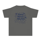 Making Memories Miles Away Youth Tee – Kids' Comfort Colors Road Trip Shirt in Pepper – flat lay