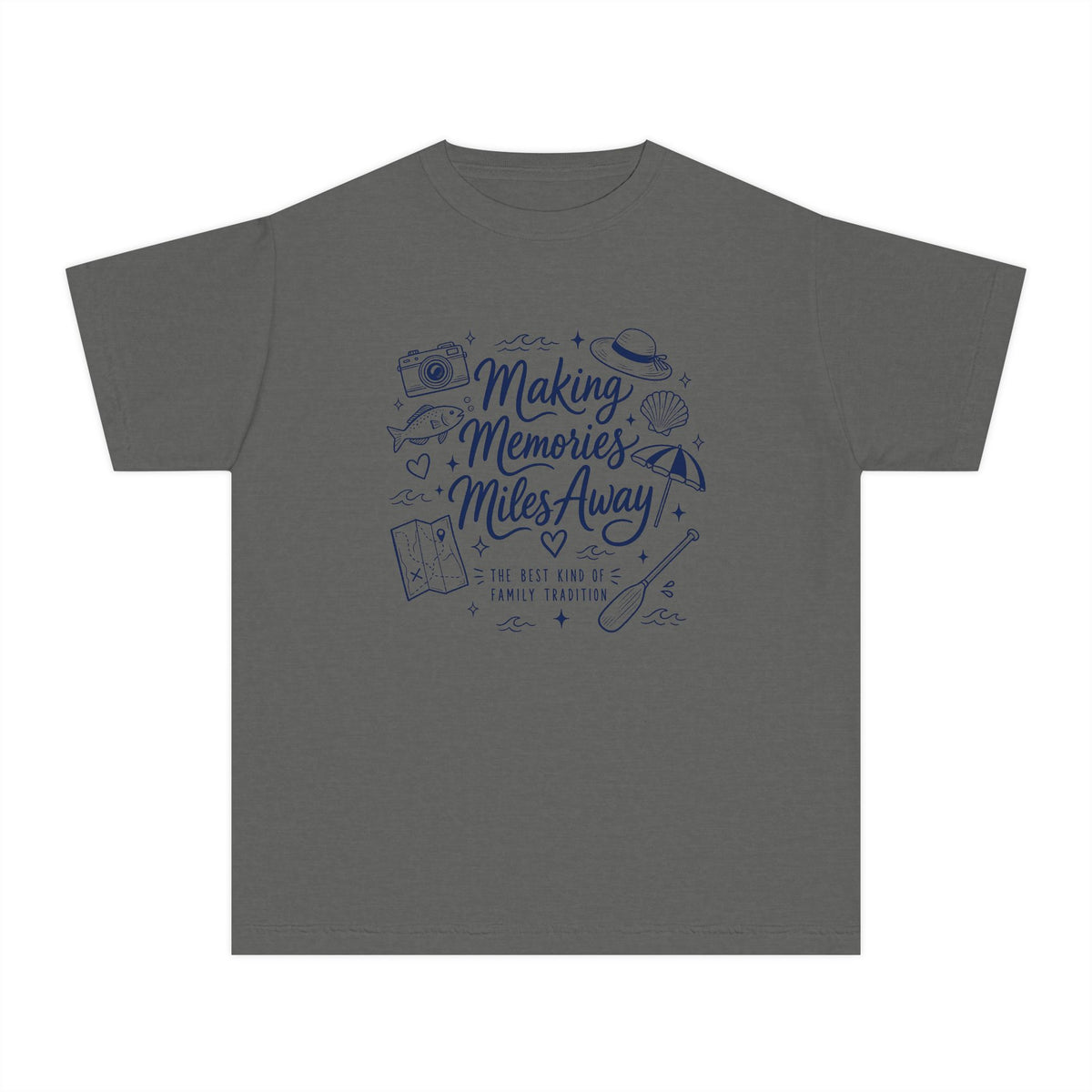 Making Memories Miles Away Youth Tee – Kids' Comfort Colors Road Trip Shirt in Pepper – flat lay