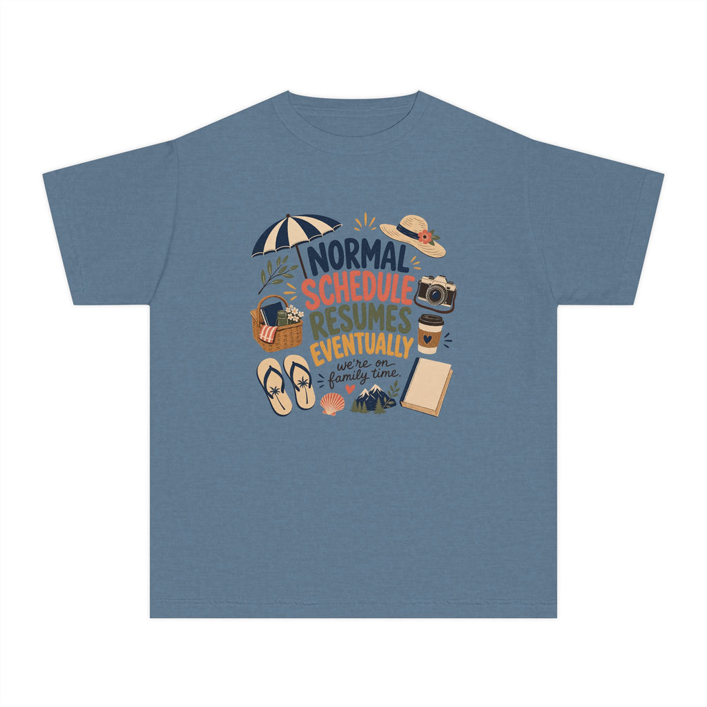 Normal Schedule Resumes Eventually Youth Tee – Kids' Comfort Colors Family Getaway Shirt in Blue Jean – flat lay