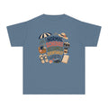 Normal Schedule Resumes Eventually Youth Tee – Kids' Comfort Colors Family Getaway Shirt in Blue Jean – flat lay
