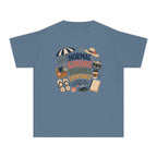 Normal Schedule Resumes Eventually Youth Tee – Kids' Comfort Colors Family Getaway Shirt in Blue Jean – flat lay