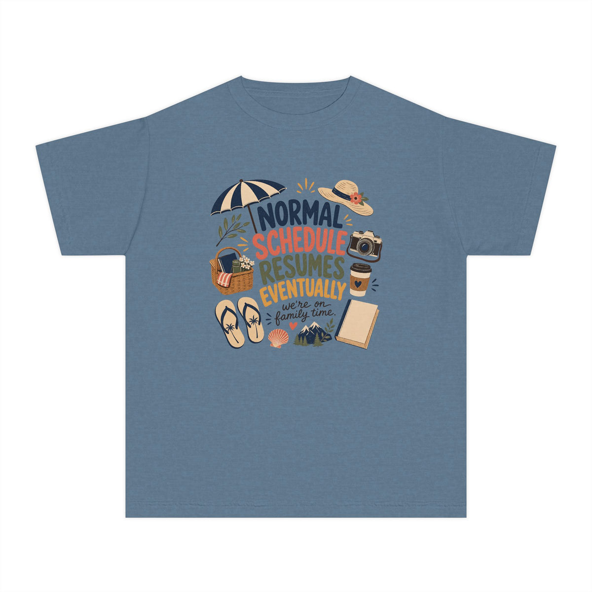 Normal Schedule Resumes Eventually Youth Tee – Kids' Comfort Colors Family Getaway Shirt in Blue Jean – flat lay