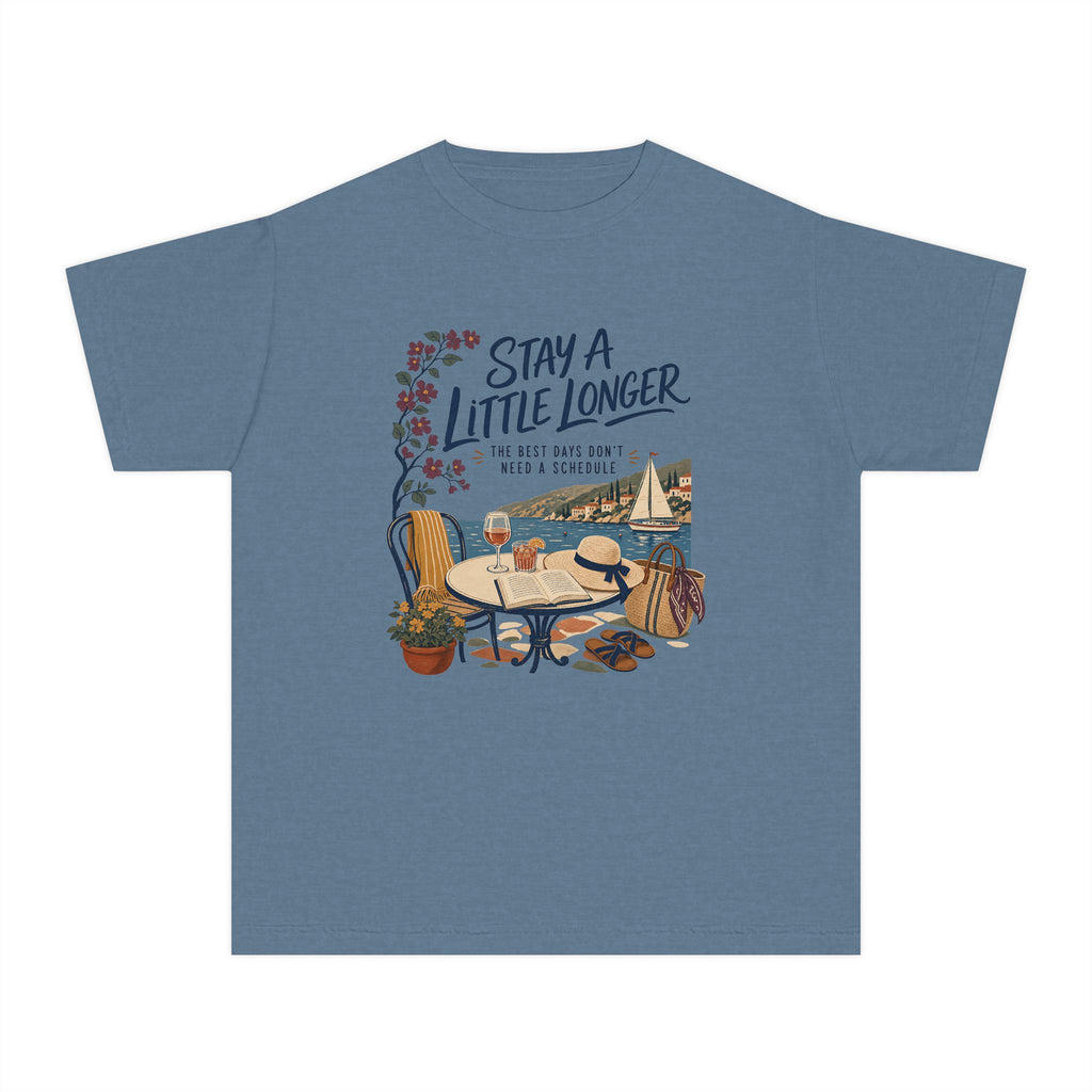 Stay a Little Longer Youth Tee – Kids' Comfort Colors Family Travel Shirt in Blue Jean – flat lay