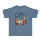 Stay a Little Longer Youth Tee – Kids' Comfort Colors Family Travel Shirt in Blue Jean – flat lay
