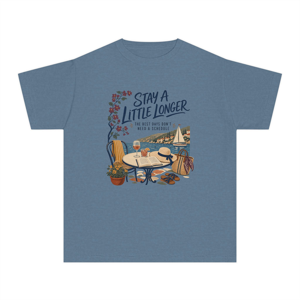 Stay a Little Longer Youth Tee – Kids' Comfort Colors Family Travel Shirt in Blue Jean – flat lay