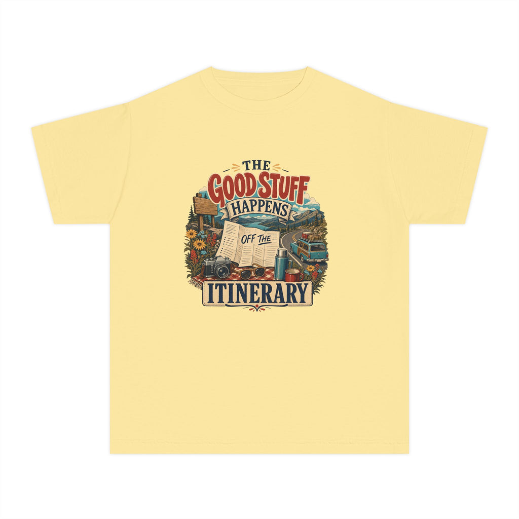 The Good Stuff Happens Off the Itinerary Youth Tee – Kids' Comfort Colors Family Travel Shirt in Butter – flat lay