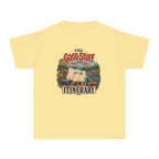 The Good Stuff Happens Off the Itinerary Youth Tee – Kids' Comfort Colors Family Travel Shirt in Butter – flat lay