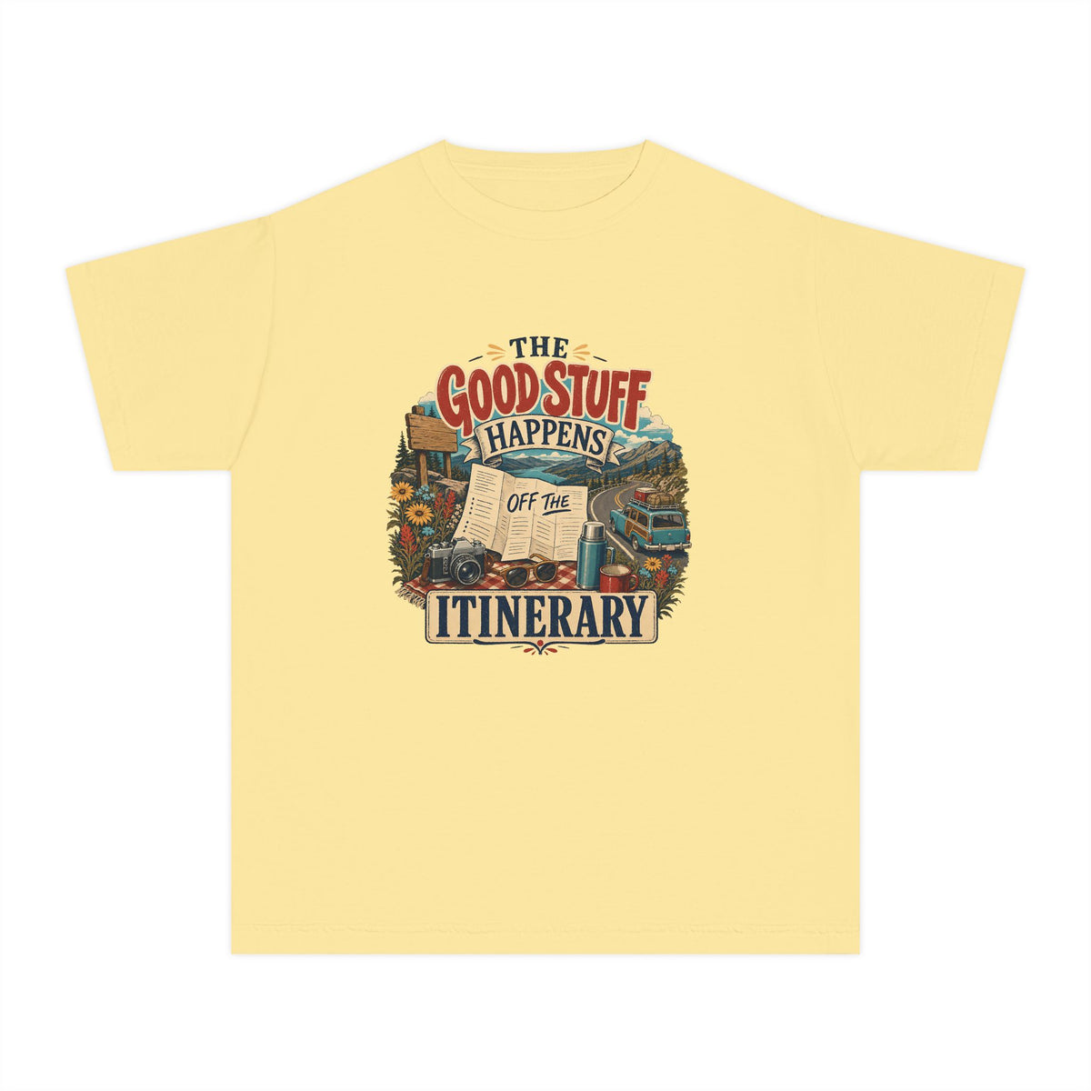 The Good Stuff Happens Off the Itinerary Youth Tee – Kids' Comfort Colors Family Travel Shirt in Butter – flat lay