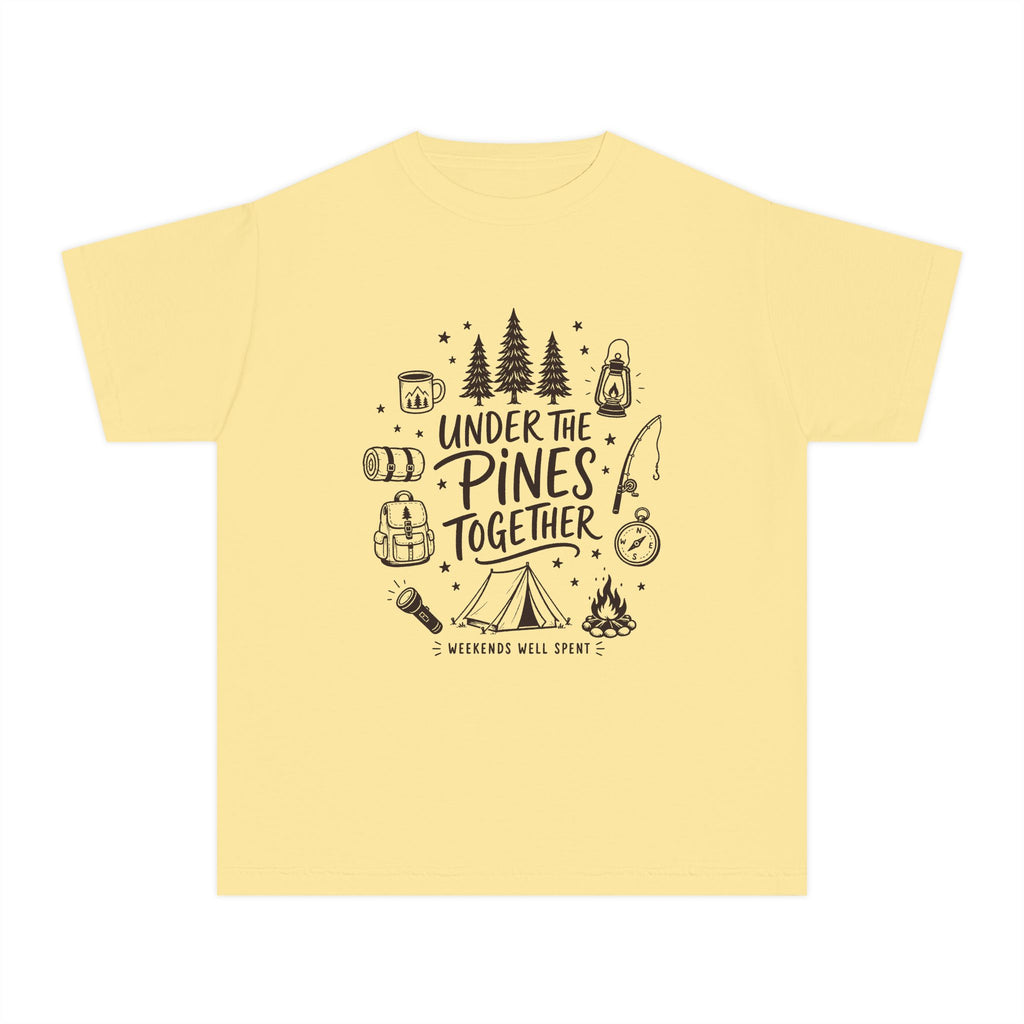 Under the Pines Together Youth Tee – Kids' Comfort Colors Camping Shirt in Butter – flat lay