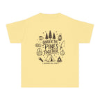 Under the Pines Together Youth Tee – Kids' Comfort Colors Camping Shirt in Butter – flat lay