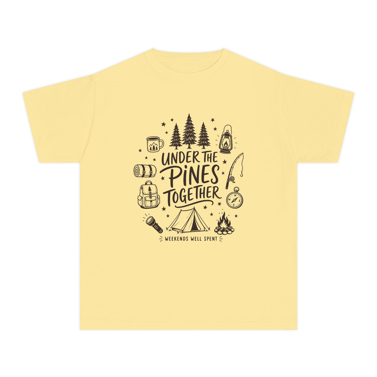 Under the Pines Together Youth Tee – Kids' Comfort Colors Camping Shirt in Butter – flat lay