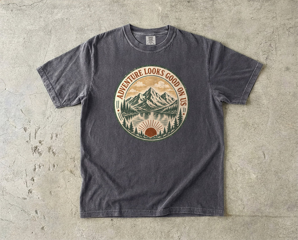 Adventure Looks Good On Us T-Shirt | Comfort Colors Mountain Travel Tee for Family Vacations