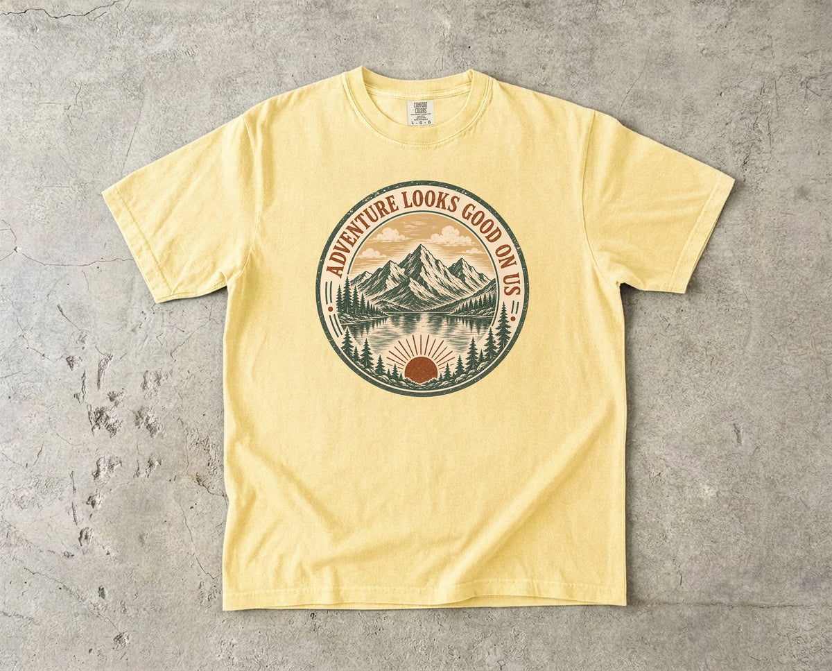 Adventure Looks Good On Us T-Shirt | Comfort Colors Mountain Travel Tee for Family Vacations