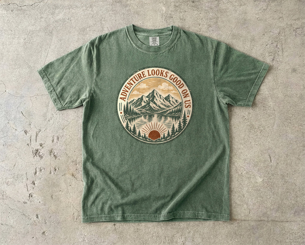 Adventure Looks Good On Us T-Shirt | Comfort Colors Mountain Travel Tee for Family Vacations