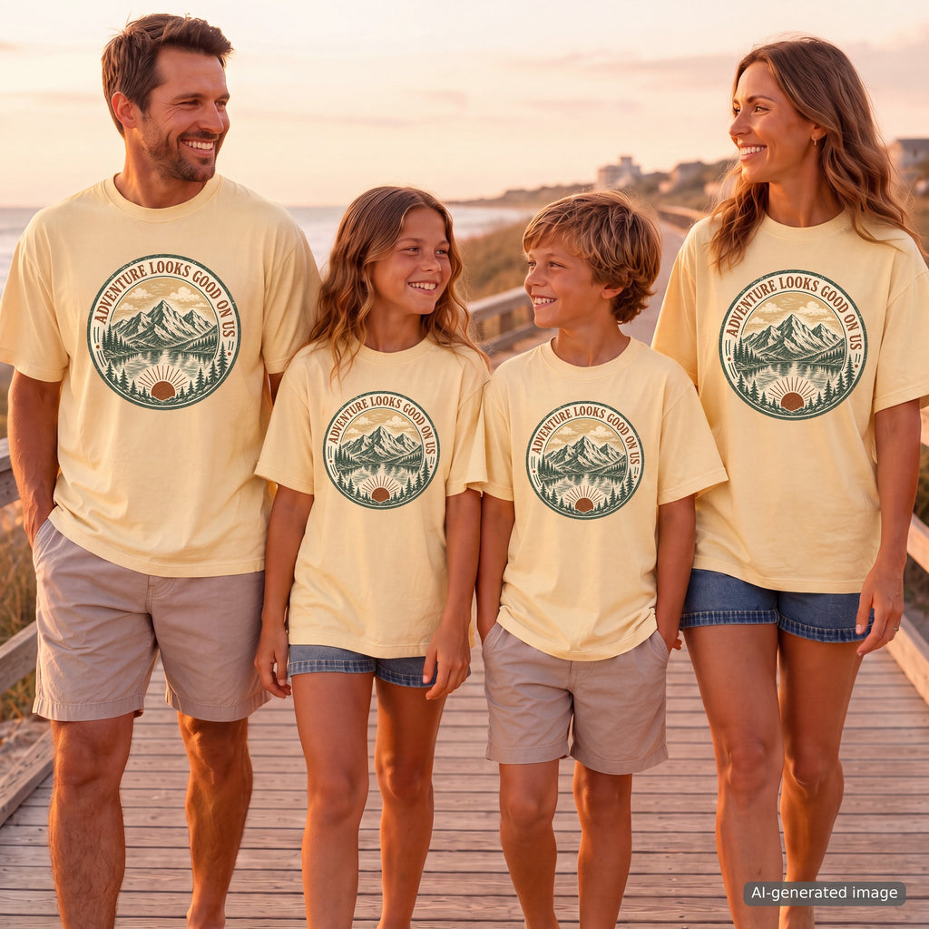 Adventure Looks Good On Us T-Shirt | Comfort Colors Mountain Travel Tee for Family Vacations