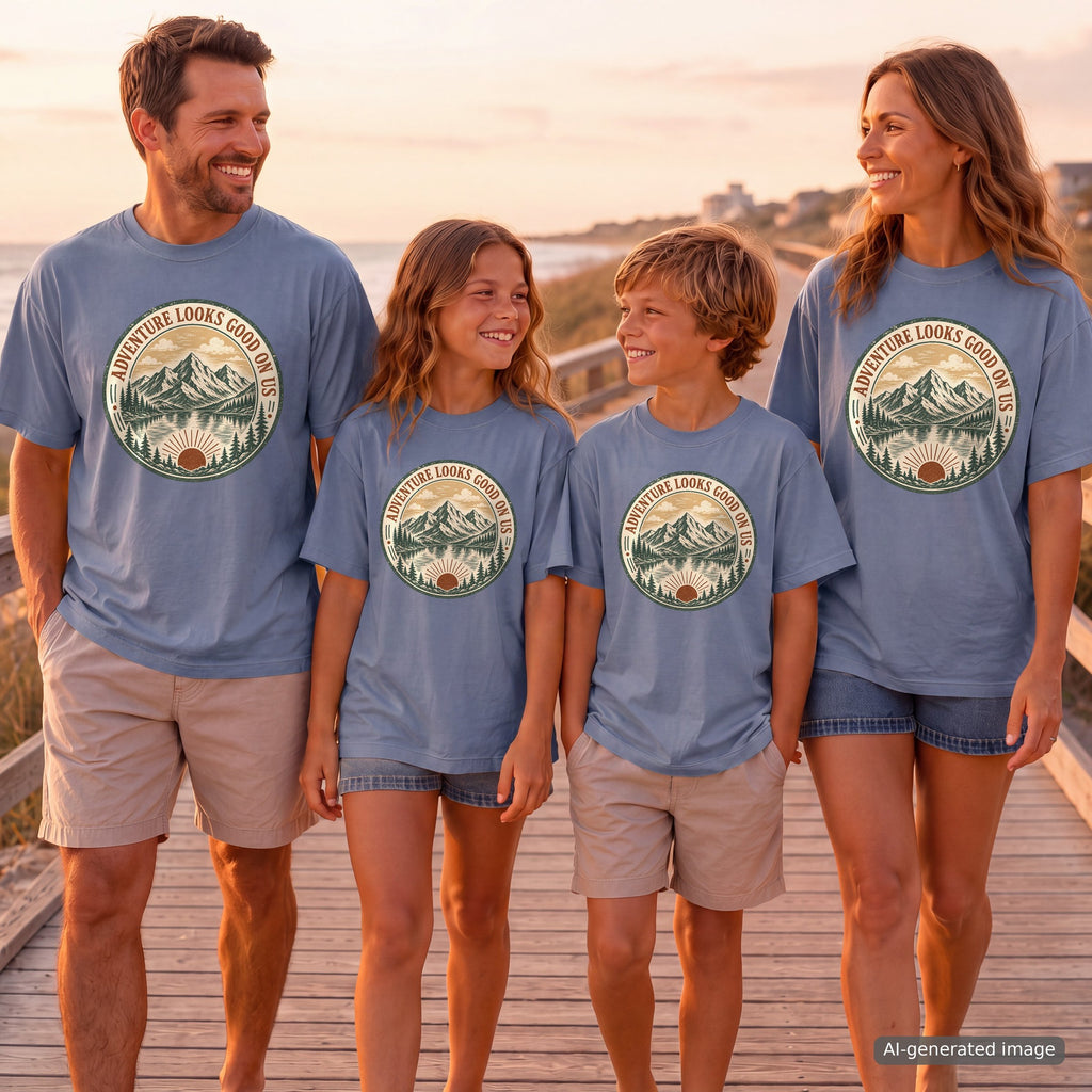 Adventure Looks Good On Us T-Shirt | Comfort Colors Mountain Travel Tee for Family Vacations