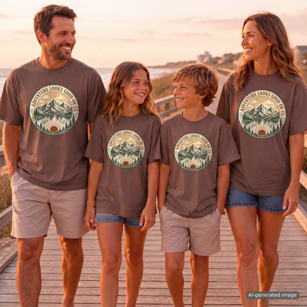 Adventure Looks Good On Us T-Shirt | Comfort Colors Mountain Travel Tee for Family Vacations