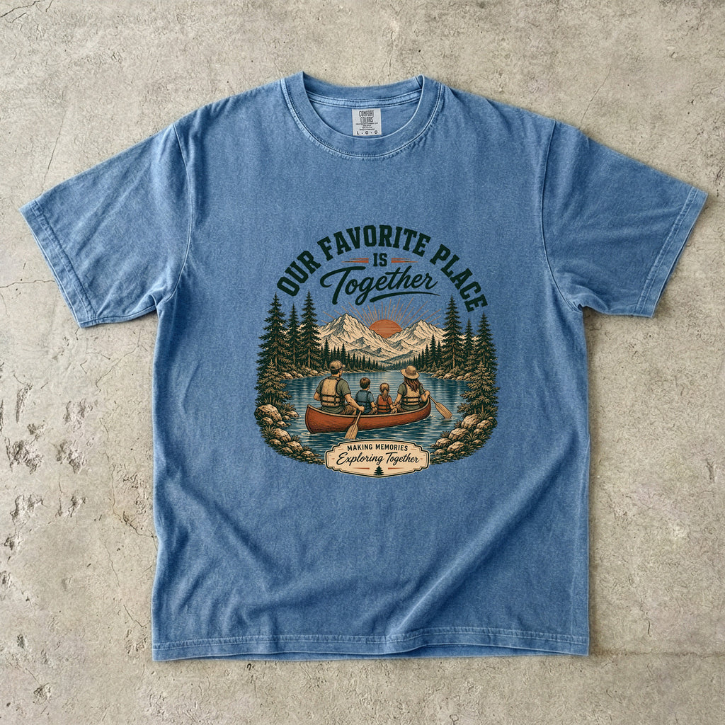 Our Favorite Place Is Together Family Adventure Shirt in Blue Jean – flat lay
