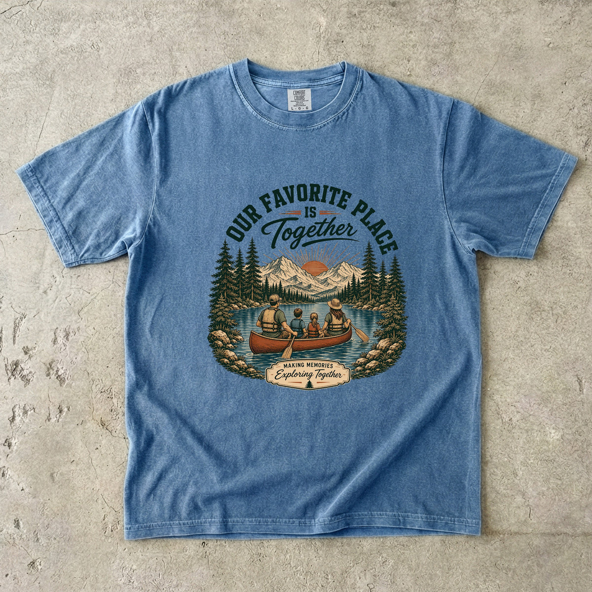 Our Favorite Place Is Together Family Adventure Shirt in Blue Jean – flat lay