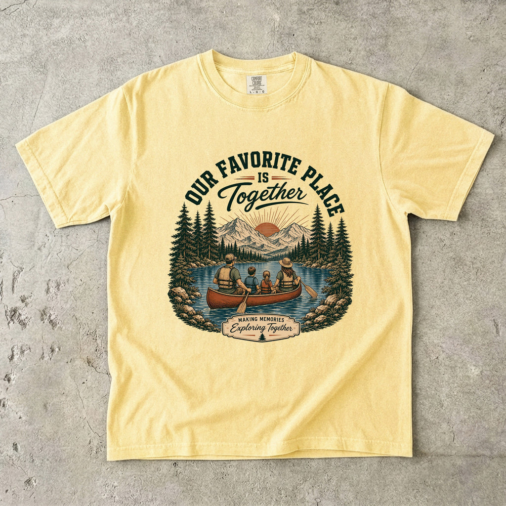 Our Favorite Place Is Together Family Adventure Shirt in Butter – flat lay