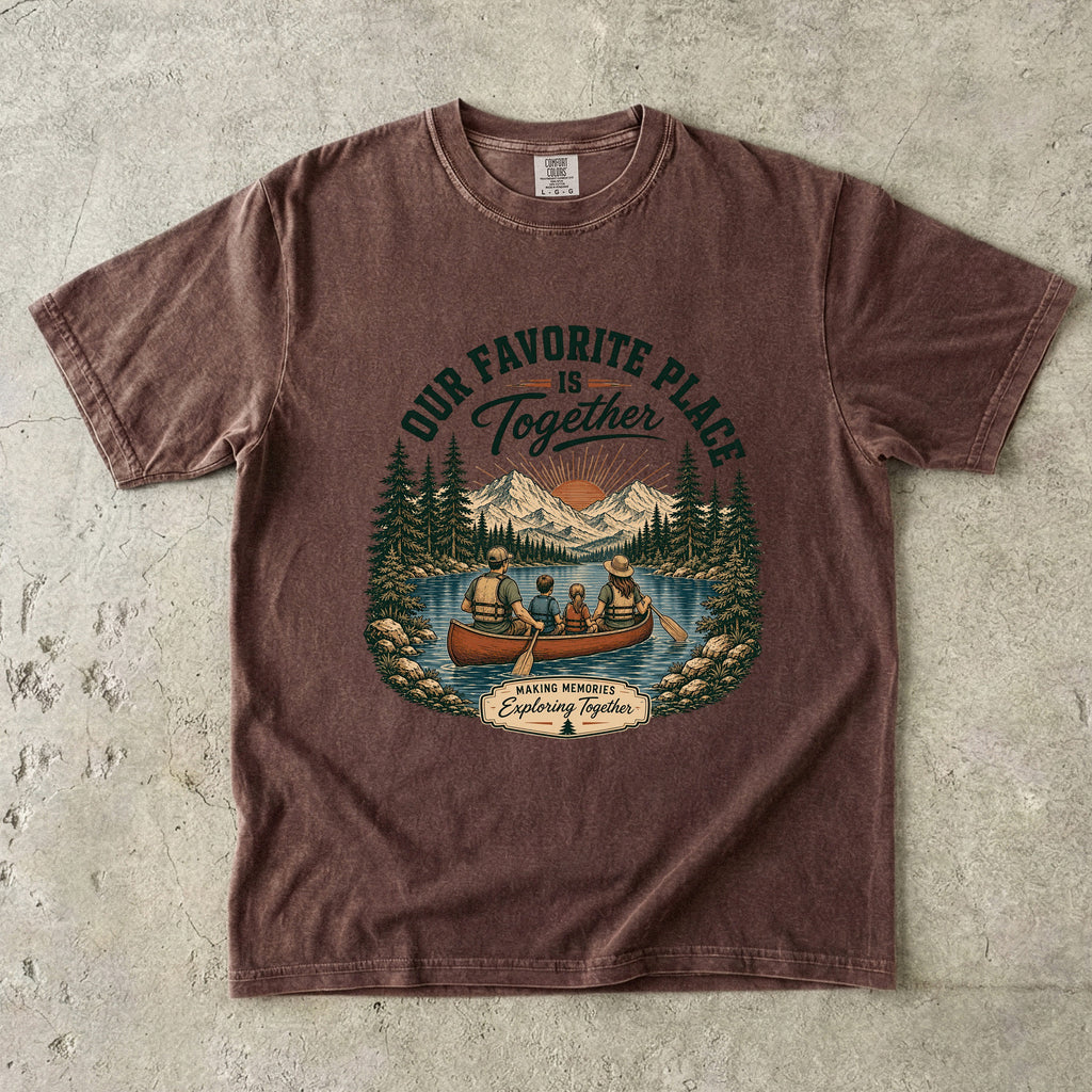 Our Favorite Place Is Together Family Adventure Shirt in Espresso – flat lay