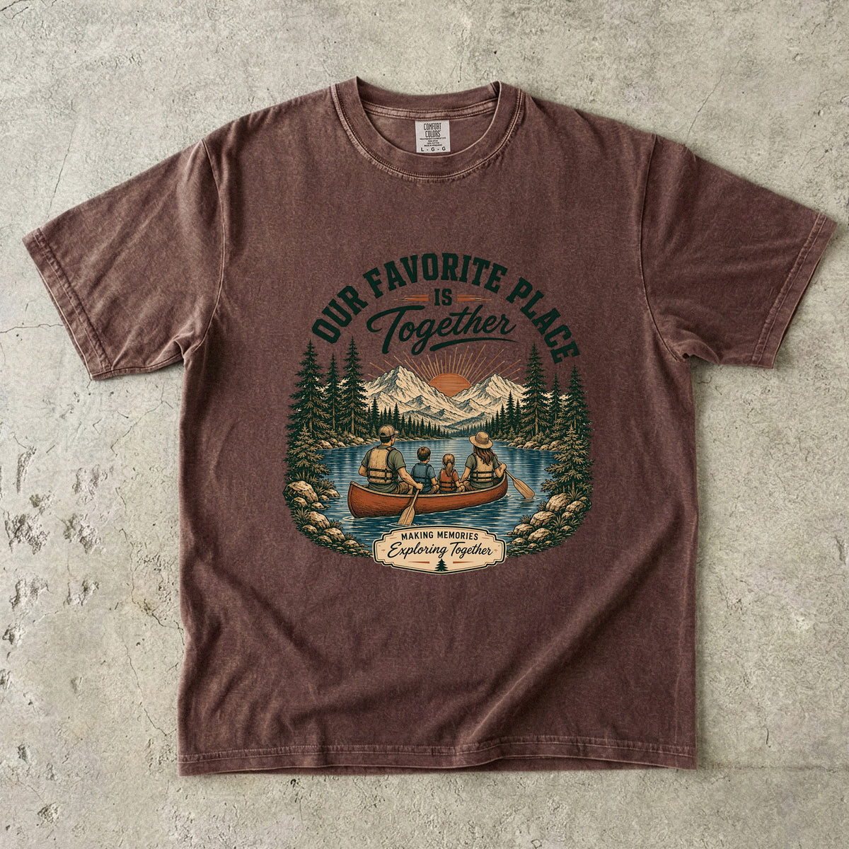 Our Favorite Place Is Together Family Adventure Shirt in Espresso – flat lay