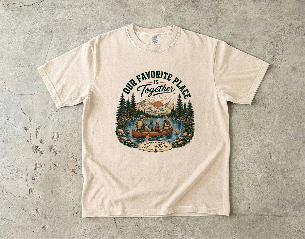 Our Favorite Place Is Together Family Adventure Shirt in Ivory – flat lay