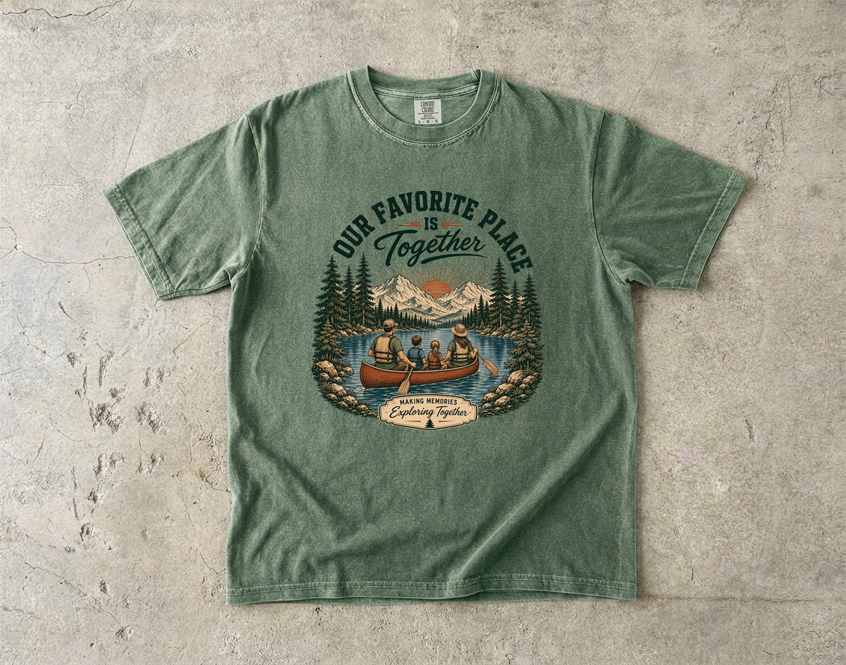 Our Favorite Place Is Together Family Adventure Shirt in Moss – flat lay